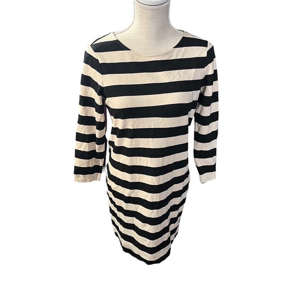 Theory Women Cream & Black Striped Long Sleeve Round Neck Mini Shift Dress Sz M